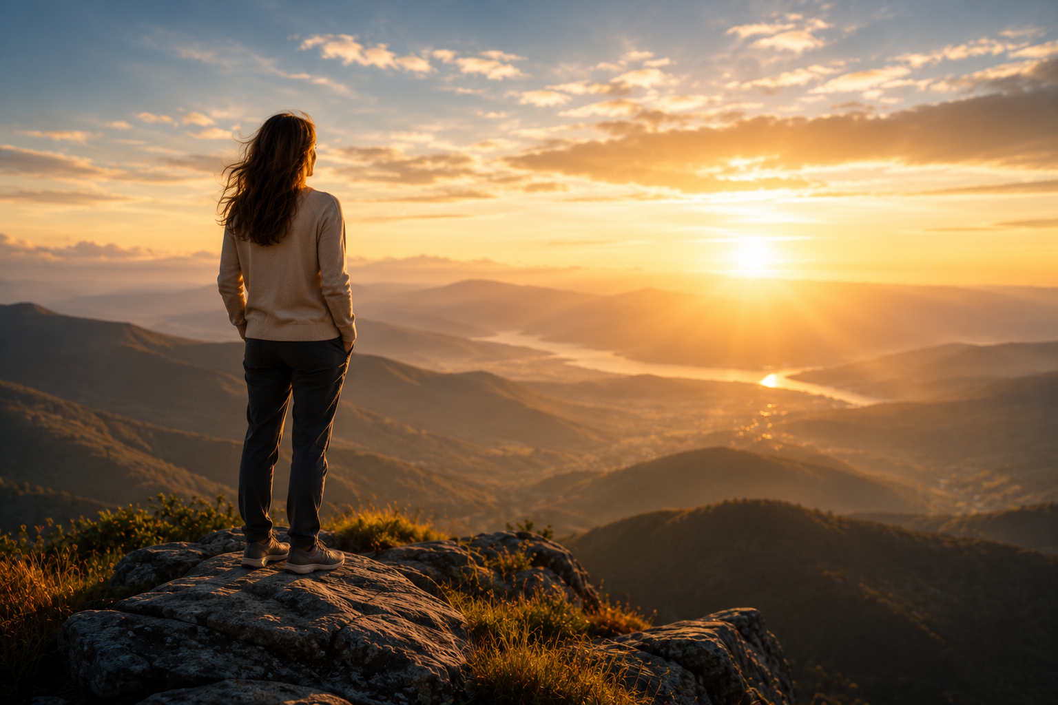 Gold Woman standing over lake
