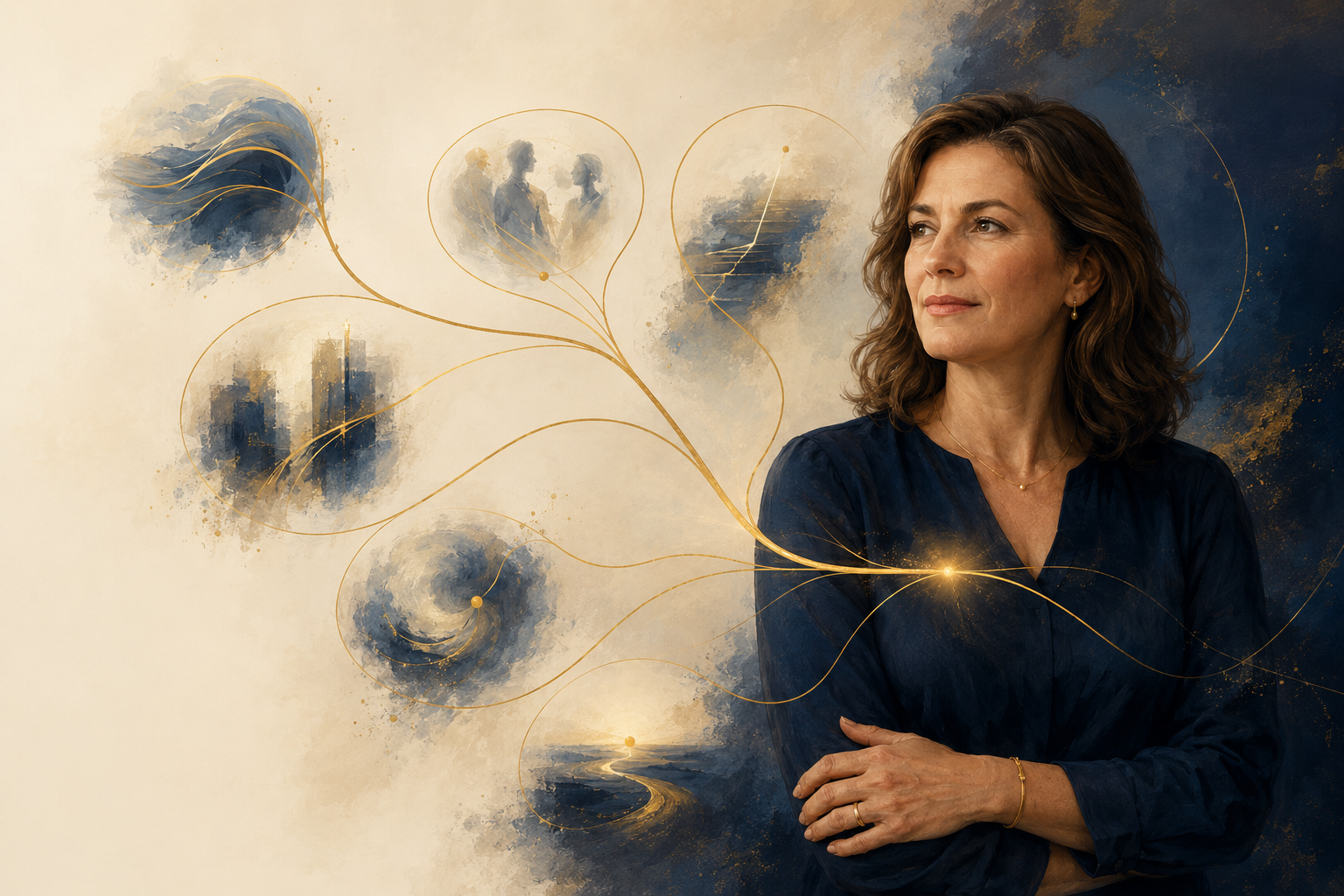 Reflective midlife woman with branching golden pathways representing connected patterns across different areas of life.