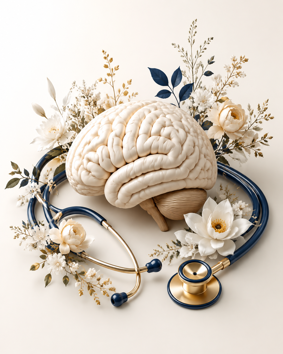 Brain & Steth Brain, stethoscope and flowers symbolising a positive approach to health anxiety.