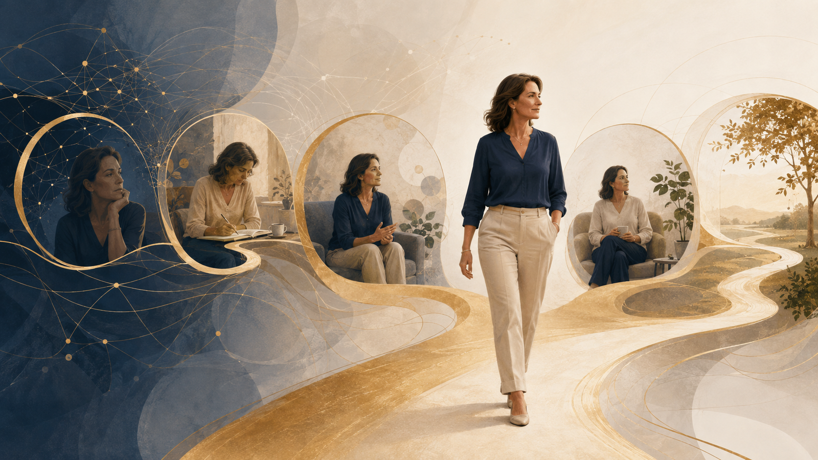 Midlife woman progressing through interconnected stages representing the personalised Major Life Reset process.