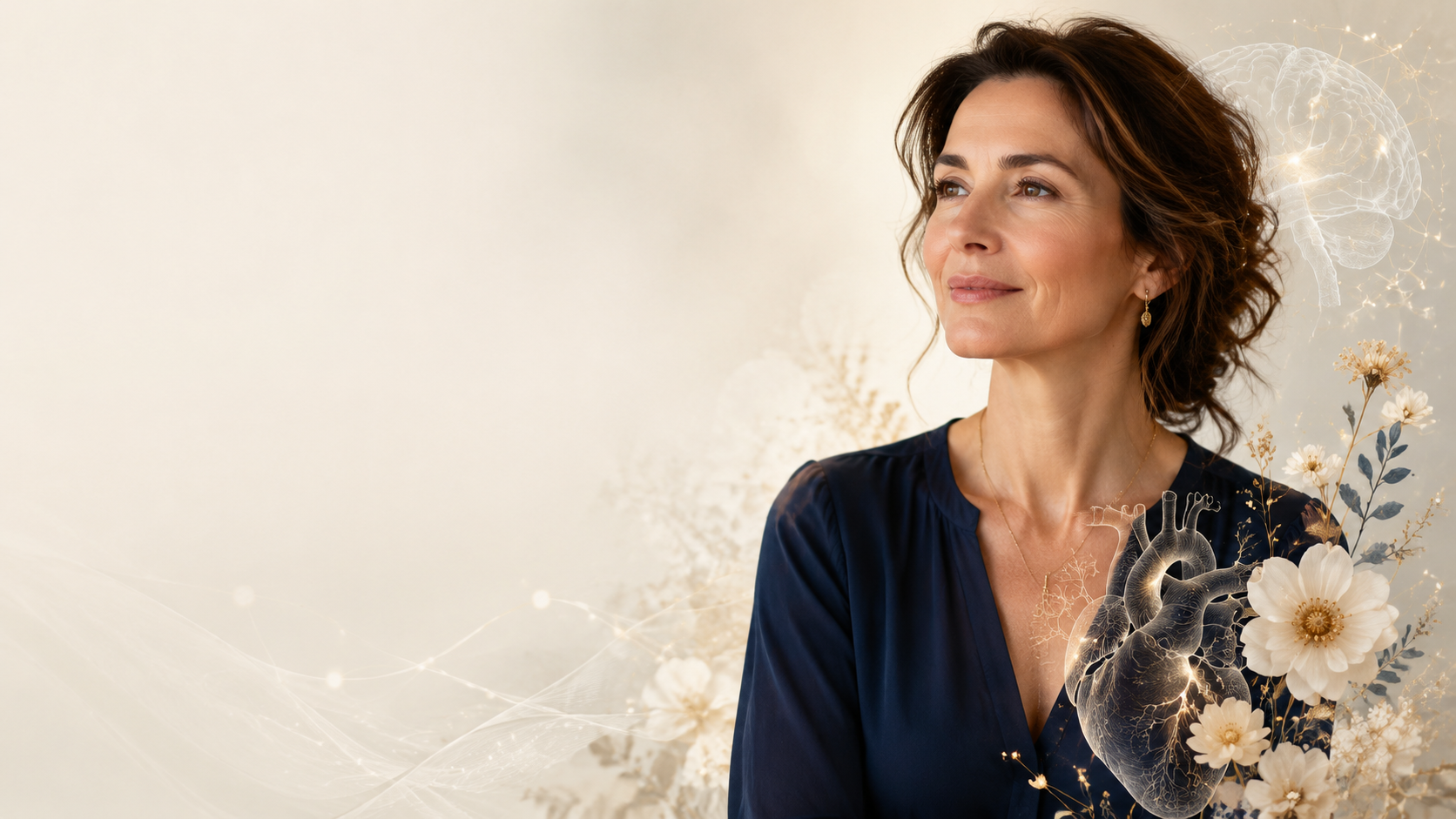 Hero - Health Anxiety Calm woman with brain and heart imagery symbolising relief from health anxiety and improved emotional wellbeing.