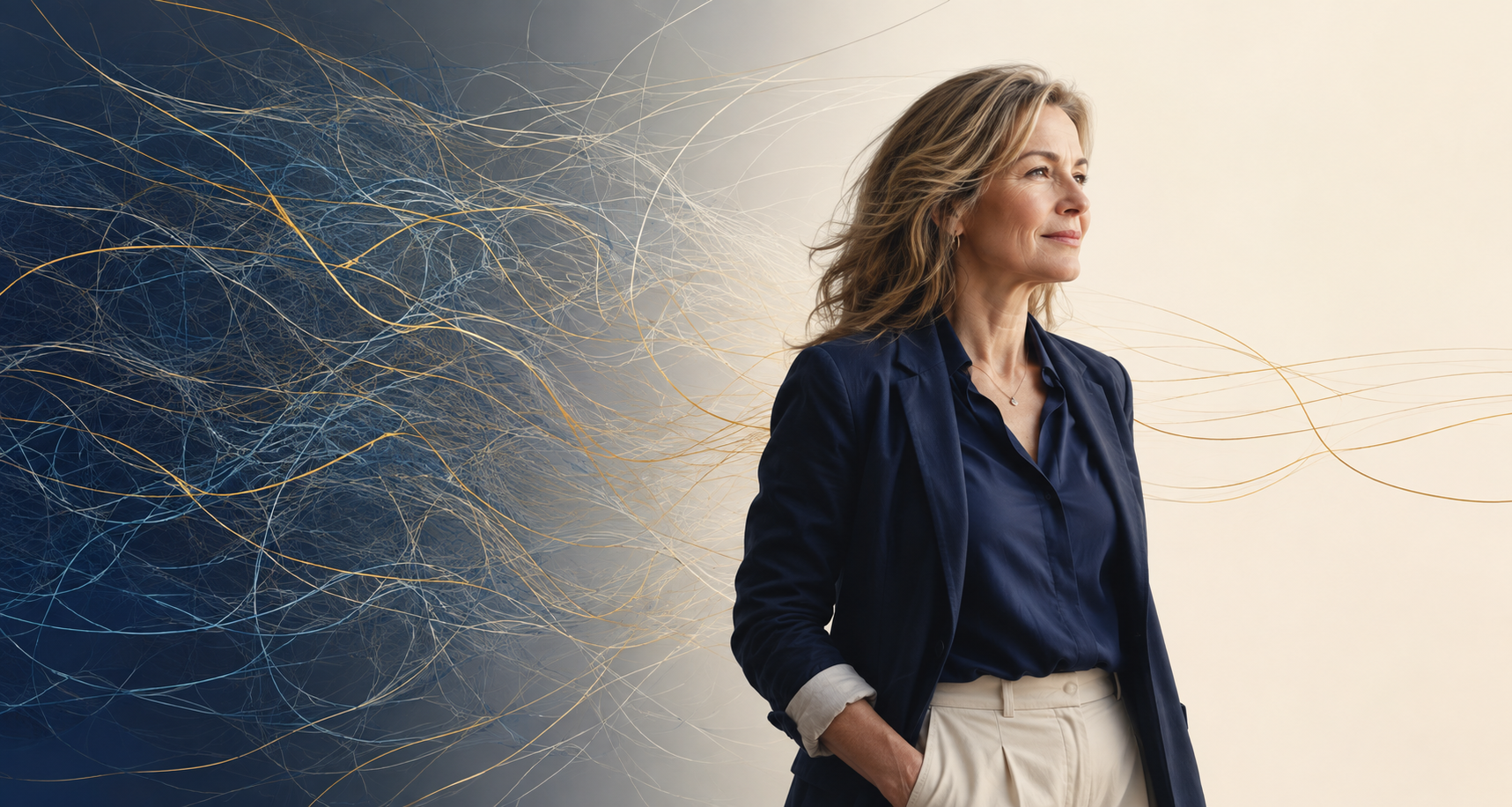 Midlife woman moving from tangled neural pathways towards a calmer, clearer space, representing personal renewal.